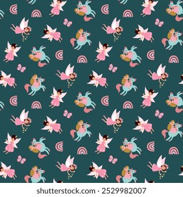Magical sem emenda padrão com fadas, unicórnio. Design para tecido, têxtil, papel de parede, embalagem, berçário.	
