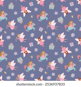 Magical Seamless Pattern with Fairies, Unicorn. Design for fabric, textile, wallpaper, packaging, nursery.	
