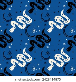 Magical seamless pattern. Fairytale beast, zie, crescent and stars. Mystical esoteric witchcraft vector and printable image, unique illustration in boho style.