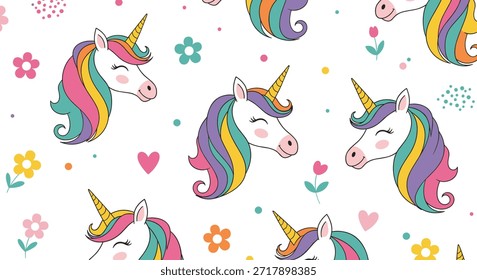 Magical seamless pattern featuring colorful unicorn heads with flowers, hearts, and stars on a white background for a dreamy fantasy feel.