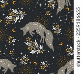 Magical seamless pattern with fox, plants, stars, moons and constellations. Boho pattern. Can be used for fabric, wallpaper, textile.