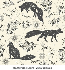 Magical seamless pattern with fox, plants, stars, moons. Boho pattern. Can be used for fabric, wallpaper, textile.