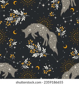 Magical seamless pattern with fox, plants, stars, moons and constellations. Boho pattern. Can be used for fabric, wallpaper, textile.