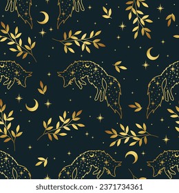 Magical seamless pattern with fox, plants, stars, moons. Gold colors. Boho pattern. Can be used for fabric, wallpaper, textile.