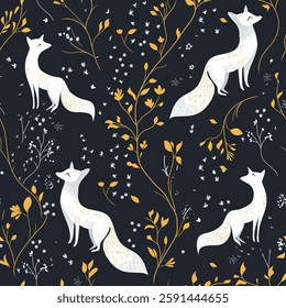 Magical seamless pattern with fox, plants, stars, moons and constellations. Boho pattern. Can be used for fabric, wallpaper, textile.