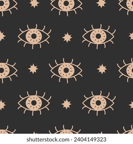 Magical seamless pattern with golden eye and star. Minimalistic mystical design with celestial elements on black background. Esoteric repeat vector illustration