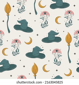 Patrón mágico sin fisuras con sombrero, seta, ojo, escoba, luna y estrellas. Fondo esotérico místico para el diseño de tejidos, embalaje, astrología, adivinación, estuche de teléfono, papel de envoltura.