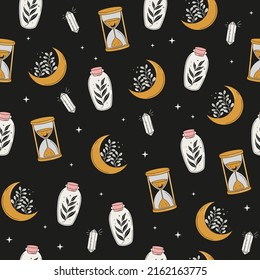 Magical seamless pattern with hourglass,  bottle, moon, crystal and stars. Mystical esoteric background for fabric design, packaging, astrology, divination, phone case, wrapping paper. Vector