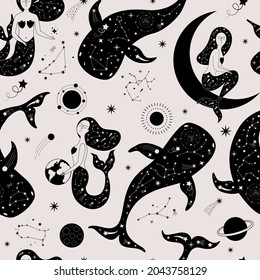 Magical seamless pattern with mermaids, whales, stars, zodiac signs, planets, moon, sun, meteorites. Vector beautiful background with mermaids and whales. Can be used for fabric, wallpaper, scrapbook.