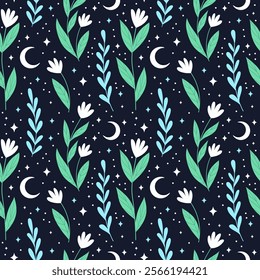 magical seamless pattern with moon, flowers and stars. Mystical esoteric background 