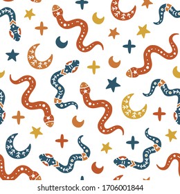 Magical seamless pattern. Mystic vector items, moon, hands, crystals, planets. Doodle astrology style.