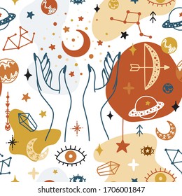 Magical seamless pattern. Mystic vector items, moon, hands, crystals, planets. Doodle astrology style.