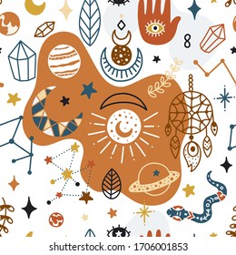Patrón mágico sin fisuras. Artículos místicos vectoriales, luna, manos, cristales, planetas. Estilo astrología Doodle.
