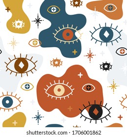 Magical seamless pattern. Mystic vector items, moon, hands, crystals, planets. Doodle astrology style.