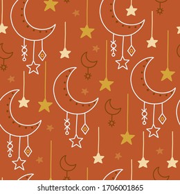 Magical Seamless Pattern. Mystic Vector Items, Moon, Hands, Crystals, Planets. Doodle Astrology Style.