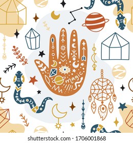 Magical seamless pattern. Mystic vector items, moon, hands, crystals, planets. Doodle astrology style.