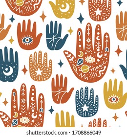 Magisches nahtloses Muster. Mystische Vektorillustrationen, Monde, Hände, Kristalle, Planeten. Doodle Astrologie Stil.