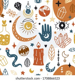 Magical seamless pattern. Mystic vector items, moon, hands, crystals, planets. Doodle astrology style.