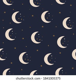 Magical seamless pattern. Mystic vector items, moon, crystals, planets. Doodle astrology style.