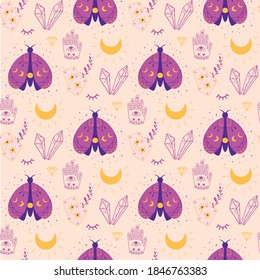 Patrón mágico sin fisuras. Huella mística de brujas Manos de la luna de mariposa, cristales, tarjeta de la fortuna Patrón de brujería del doodle Cute