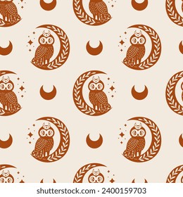 Magical seamless pattern with owl and crescent. Boho repeat background with brown celestial bird and stars. Mystery, mystical, esoteric, magic theme. Vector illustration.