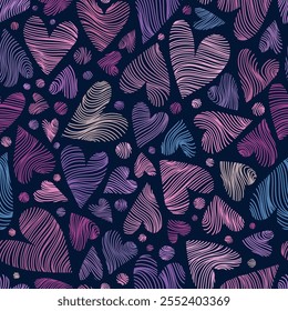 Magical Seamless Pattern of Pink, Purple and Blue Hearts and Circles Creating a Dreamy Nighttime Atmosphere