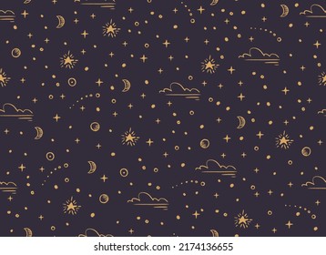 Magical seamless pattern with the stars, moon. Alchemical cosmos. Celestial pattern. Vector hand-drawn background. 