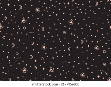 Magical seamless pattern with the stars, moon. Alchemical cosmos. Celestial pattern. Vector hand-drawn background. 