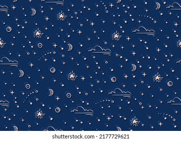 Magical seamless pattern with the stars, moon. Alchemical cosmos. Celestial pattern. Vector hand-drawn background. 