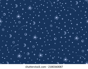 Magical seamless pattern with the stars, moon. Alchemical cosmos. Celestial pattern. Vector hand-drawn background. 