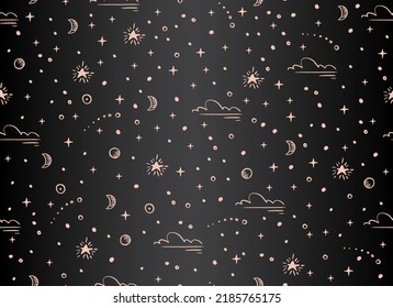 Magical seamless pattern with the stars, moon. Alchemical cosmos. Celestial pattern. Vector hand-drawn background. 