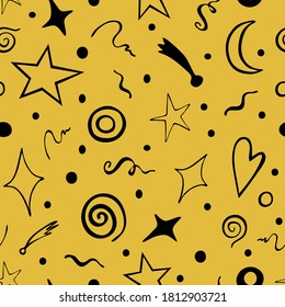 magical seamless pattern of stars, swirls, the moon, comets, and various circles.vector Doodle illustrations