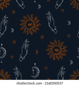 Magical seamless pattern with the sun, stars, moon. Alchemical cosmos. Celestial pattern. Vector hand-drawn background. 