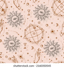 Magical seamless pattern with the sun, stars, moon. Alchemical cosmos. Celestial pattern. Vector hand-drawn background. 