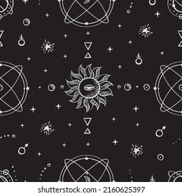 Magical seamless pattern with the sun, stars, moon. Alchemical cosmos. Celestial pattern. Vector hand-drawn background. 