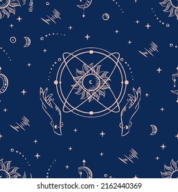 Magical seamless pattern with the sun, stars, moon. Alchemical cosmos. Celestial pattern. Vector hand-drawn background. 