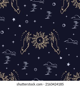 Magical seamless pattern with the sun, stars, moon. Alchemical cosmos. Celestial pattern. Vector hand-drawn background. 