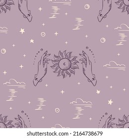Magical seamless pattern with the sun, stars, moon. Alchemical cosmos. Celestial pattern. Vector hand-drawn background. 