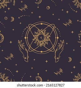 Magical seamless pattern with the sun, stars, moon. Alchemical cosmos. Celestial pattern. Vector hand-drawn background. 