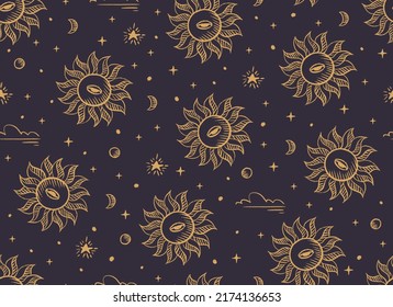 Magical seamless pattern with the sun, stars, moon. Alchemical cosmos. Celestial pattern. Vector hand-drawn background. 