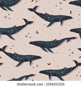 Patrón mágico sin fisuras con ballenas, estrellas, centavos. Vector hermoso fondo con ballenas. Se puede usar para tela, papel pintado, textil.