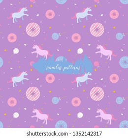 Magical seamless vector colorful pattern with unicorns, candies, donuts, lollipops and confetti on violet background. Good neverending print for little girl
