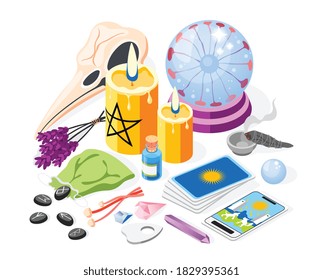 Magical services isometric background with images of fortunetelling accessories items burning candles cards and crystal ball vector illustration