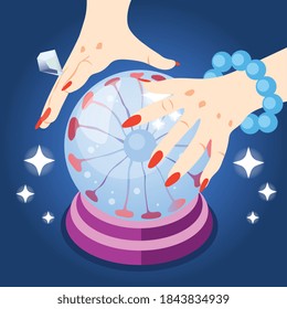Magical services isometric composition with star icons and human hands of fortune teller holding crystal ball vector illustration