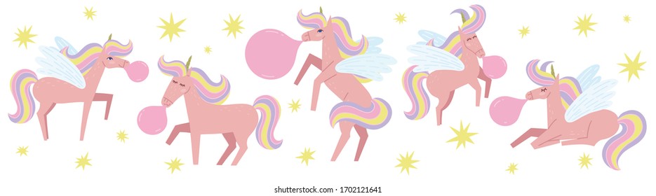 Magical set of cute unicorns. Baby shower invitation, happy birthday greeting card and nursery design. Hand drawn vector illustration.