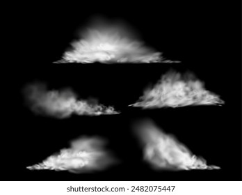 A magical set depicting streams of earthen smog. White foggy clouds and dust, transparent and fluffy, isolated on a dark background for special effects.