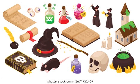 Magical set of magicians stuff for witchcraft magic potion ancient manuscripts skull isolated icons isometric vector illustration