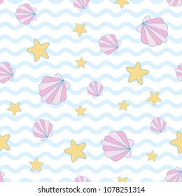 Magical shell and star in wave background. A playful, modern, and flexible pattern for brand who has cute and fun style. Repeated pattern. Happy, bright, and magical mood.