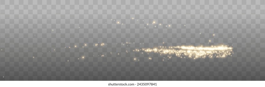 Magical shiny magical gold comets. Festive clots of gold dust. Abstract light patterns of small glowing dust particles. Dust texture for background. Decor element for cards, invitations, backgrounds.