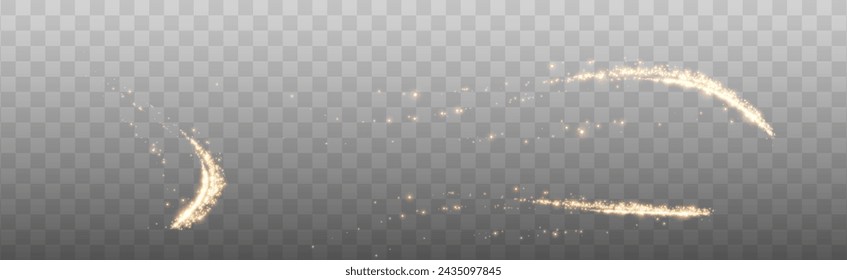 Magical shiny magical gold comets. Festive clots of gold dust. Abstract light patterns of small glowing dust particles. Dust texture for background. Decor element for cards, invitations, backgrounds.